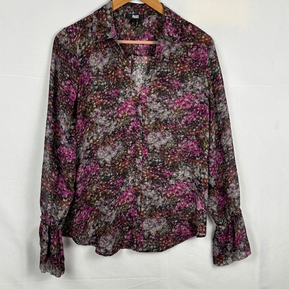 PAIGE Women Silk Long Ruffle Sleeve Button Up Shirt Sz S Floral Magenta Sheer - Picture 1 of 12